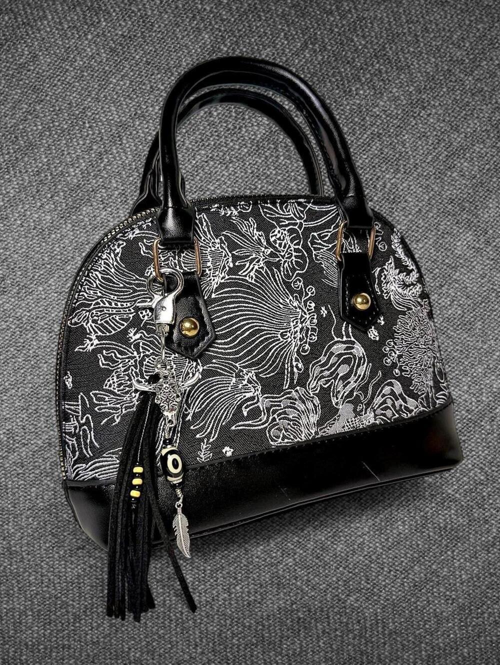 Black Dragon Print Western Dome Satchel Handbag